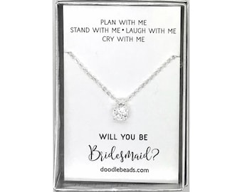 Bridesmaid Gift Proposal, Silver or Gold CZ Solitaire Necklace, Plan with me, Stand with me... Will you be my Bridesmaid? Maid of Honor Gift