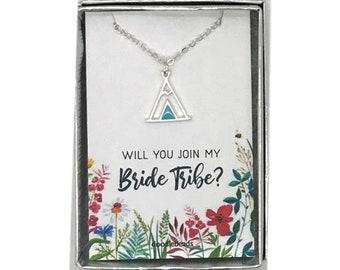 Will you join my Bribe Tribe, Wedding party gifts Bridesmaid proposal gifts, Silver or Gold Teepee Necklace with card, Maid of Honor gifts