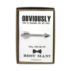 Best Man Proposal Gift, Silver or Gold Arrow Tie Bar with card Obviously she is making me do this.. Will you be my Best Man Groomsman image 4