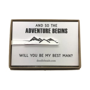 Best Man Gift, Proposal Card, Mountain Tie Bar carded, And so the adventure begins will you be my Best Man, Will you be my Groomsman image 1