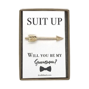 Groomsman Gift, Proposal Card, Silver or Gold Arrow Tie Bar with card, Suit Up Will you be my Groomsman Best Man gift, wedding party gift image 4