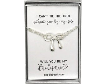 Bridesmaid Proposal Gift Silver Bow Bracelet with card, I can't tie the knot without you by my side Will you be my Bridesmaid? Maid of Honor