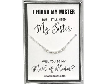 Maid of Honor Proposal Gift, Silver or Gold CZ Bar Necklace, I found my Mister but I still need my sister - Will you be my Maid of Honor?