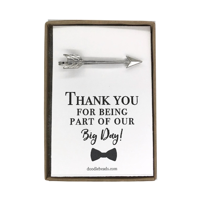 Thank You Card Wedding Party Gifts, Silver or Gold Arrow Tie Bar with Card Thank you for being part of our big day, Usher Gifts, Ring Bearer image 2