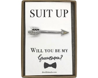 Groomsman Gift, Proposal Card, Silver or Gold Arrow Tie Bar with card, Suit Up - Will you be my Groomsman? Best Man gift, wedding party gift