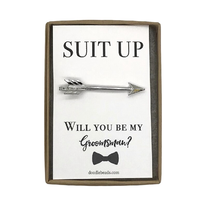 Groomsman Gift, Proposal Card, Silver or Gold Arrow Tie Bar with card, Suit Up Will you be my Groomsman Best Man gift, wedding party gift image 1