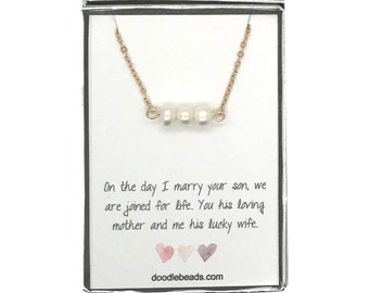 Gift for Mother in Law to be on Wedding day, Mother of the groom Gift, Dainty silver or gold Pearl Bar necklace with card quote, from bride