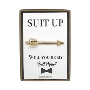 Groomsman Gift, Proposal Card, Silver or Gold Arrow Tie Bar with card, Suit Up Will you be my Groomsman Best Man gift, wedding party gift image 2