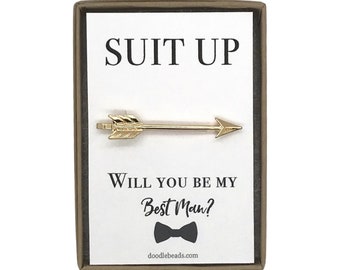 Best Man Gift, Proposal Card, Silver or Gold Arrow Tie Bar with card, Suit Up - Will you be my Best Man? Groomsman gift, wedding party gift