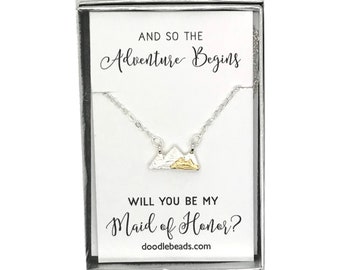 Maid of Honor Proposal Gift, Silver or Gold Dainty Mountain Necklace, And so the Adventure Begins - Will you be my Bridesmaid?  Bridesmaid