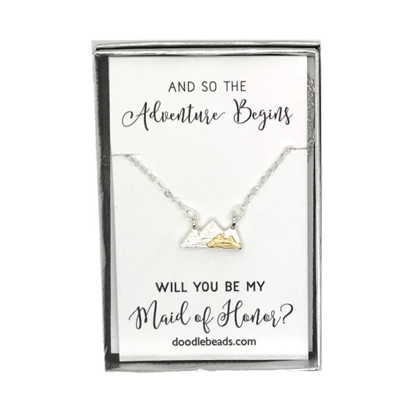 Maid of Honor Proposal Gift, Silver or Gold Dainty Mountain Necklace, And so the Adventure Begins - Will you be my Bridesmaid?  Bridesmaid