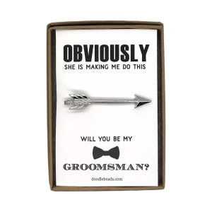 Best Man Proposal Gift, Silver or Gold Arrow Tie Bar with card Obviously she is making me do this.. Will you be my Best Man Groomsman image 2