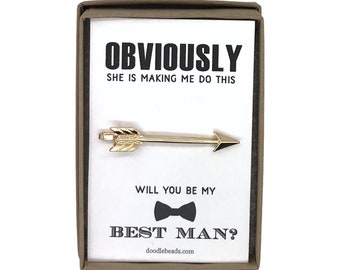 Best Man Proposal Gift, Silver or Gold Arrow Tie Bar with card - Obviously she is making me do this.. Will you be my Best Man?  Groomsman