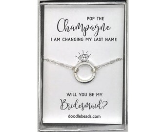 Bridesmaid Proposal, Dainty Silver or Gold Circle Ring Necklace, Pop the Champagne... Will you be my Bridesmaid? Maid of Honor Jewelry