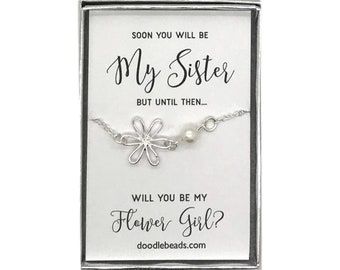 Flower Girl Proposal Gift, Silver Flower Pearl Bracelet, Soon you will be my Sister but until then - Will you be my Flower Girl?