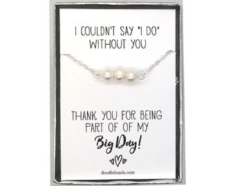 Thank you for being part of our big day card with silver or gold three pearl bar necklace, for bridesmaids, maid of honor, jr. bridesmaids