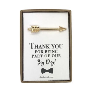 Thank You Card Wedding Party Gifts, Silver or Gold Arrow Tie Bar with Card Thank you for being part of our big day, Usher Gifts, Ring Bearer image 1