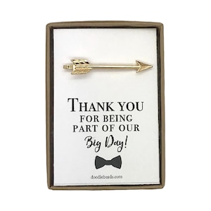 Thank You Card Wedding Party Gifts, Silver or Gold Arrow Tie Bar with Card Thank you for being part of our big day, Usher Gifts, Ring Bearer image 1