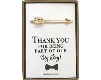 Thank You Card Wedding Party Gifts, Silver or Gold Arrow Tie Bar with Card Thank you for being part of our big day, Usher Gifts, Ring Bearer