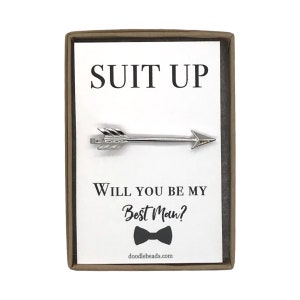 Groomsman Gift, Proposal Card, Silver or Gold Arrow Tie Bar with card, Suit Up Will you be my Groomsman Best Man gift, wedding party gift image 3