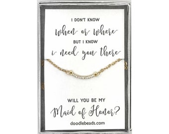 Maid of Honor Gift Proposal, Silver or Gold CZ Crescent Bar Necklace with card, Plan with me, Stand with me...Will you be my Maid of Honor?