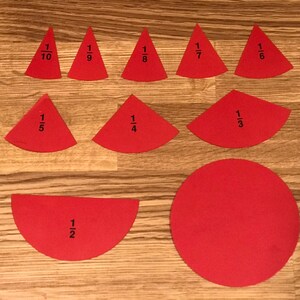 Puede incluir: Un conjunto de diez c&iacute;rculos de fracciones de fieltro rojo, cada uno con una fracci&oacute;n diferente impresa en &eacute;l, incluyendo 1/2, 1/3, 1/4, 1/5, 1/6, 1/7, 1/8, 1/9, 1/10 y un c&iacute;rculo entero.