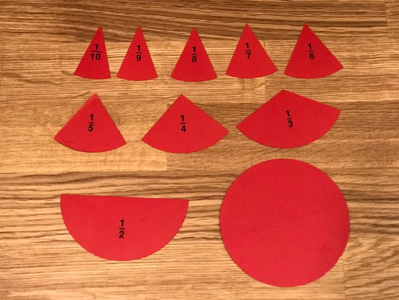 Puede incluir: Un conjunto de diez c&iacute;rculos de fracciones de fieltro rojo, cada uno con una fracci&oacute;n diferente impresa en &eacute;l, incluyendo 1/2, 1/3, 1/4, 1/5, 1/6, 1/7, 1/8, 1/9, 1/10 y un c&iacute;rculo entero.