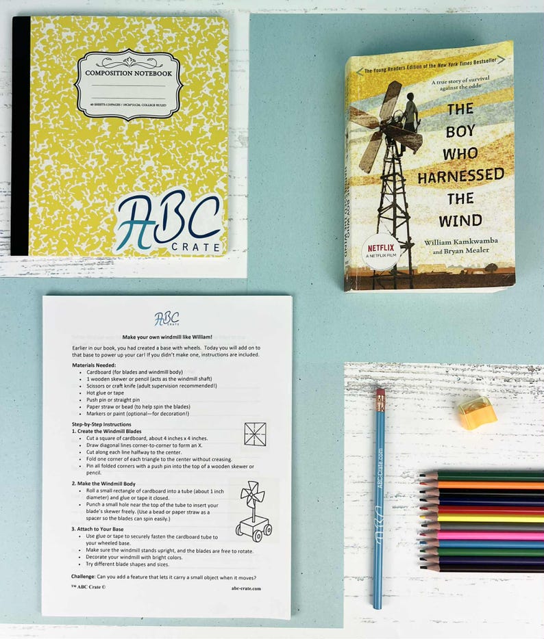 May include: A yellow composition notebook, a book titled "The Boy Who Harnessed the Wind", and instructions for making a windmill. Also included are coloured pencils, a pencil, and an eraser. The book's cover features a windmill.