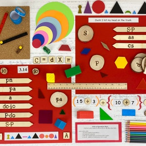 May include: A red felt board with various learning tools, including wooden blocks, shapes, and cards. The board features the phrase "Ouch! I hit my head on the trunk." and the equation "C = d X &pi;".