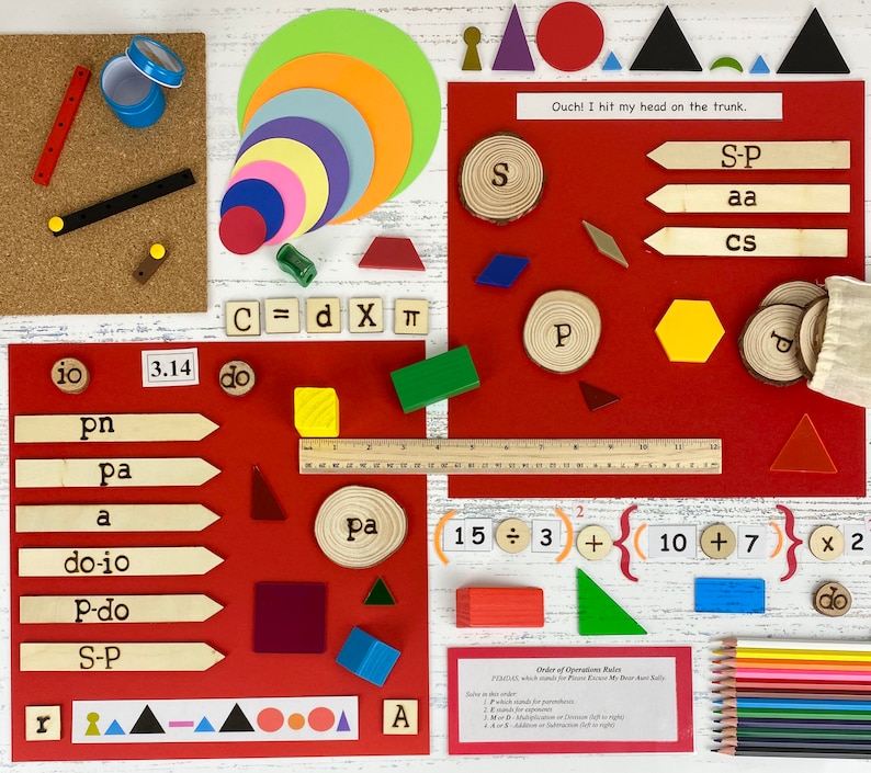 May include: A red felt board with various learning tools, including wooden blocks, shapes, and cards. The board features the phrase "Ouch! I hit my head on the trunk." and the equation "C = d X &pi;".