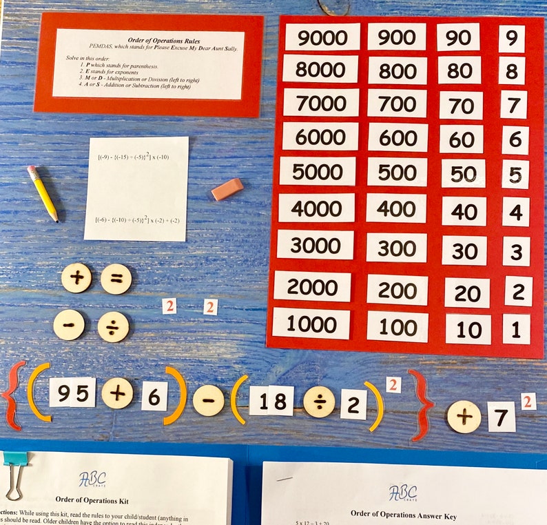 May include: A colorful educational game for learning the order of operations in math. The game includes a red and white chart with numbers from 1 to 9000, a set of colorful wooden math symbols, and a worksheet with math problems. The game is designed to help children learn the order of operations, which is a fundamental concept in mathematics.