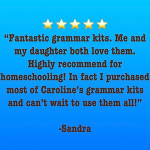 Puede incluir: Cinco estrellas doradas y una rese&ntilde;a de un cliente que dice: "Kits de gram&aacute;tica fant&aacute;sticos. Mi hija y yo los amamos. &iexcl;Altamente recomendado para la educaci&oacute;n en el hogar! De hecho, compr&eacute; la mayor&iacute;a de los kits de gram&aacute;tica de Caroline y no puedo esperar a usarlos todos!" -Sandra