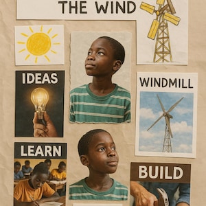 May include: A collage with the title "THE BOY WHO HARNESSED THE WIND" and illustrations of a sun, a boy, a lightbulb, a windmill, a tree, and a person hammering wood. The words "IDEAS", "LEARN", "WINDMILL", and "BUILD" are also displayed.