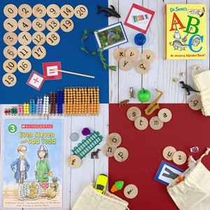 May include: A collection of educational toys for children, including wooden number and letter tiles, colorful bead counting sets, a book titled "Even Steven and Odd Todd", and a Dr. Seuss book titled "An Amazing Alphabet Book!"