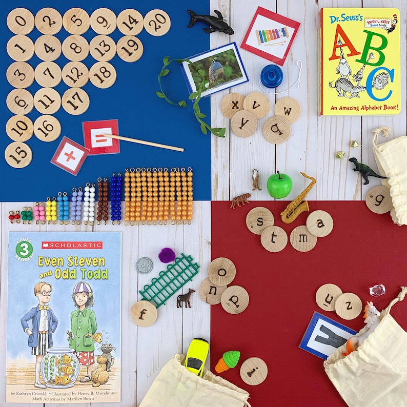 May include: A collection of educational toys for children, including wooden number and letter tiles, colorful bead counting sets, a book titled "Even Steven and Odd Todd", and a Dr. Seuss book titled "An Amazing Alphabet Book!"