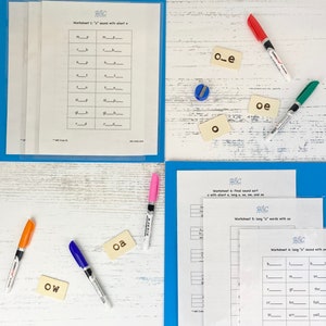 May include: A set of worksheets for learning the "o" sound in English. The worksheets include different variations of the "o" sound, such as "o" with a silent "e", long "o", and "ow". There are also flashcards with the different "o" sounds.