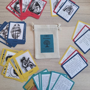 May include: A set of colourful cards with black and white illustrations. The cards feature various topics, including "Physiological", "Playful", "Trapped", "Social", "Activation", "Sensory Integration", and "Simply Polyvagal".