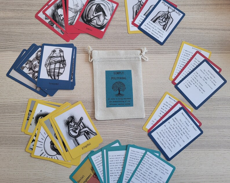 May include: A set of colourful cards with black and white illustrations. The cards feature various topics, including "Physiological", "Playful", "Trapped", "Social", "Activation", "Sensory Integration", and "Simply Polyvagal".