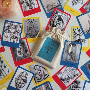 May include: A set of cards with illustrations and words describing different emotional states. The cards are in a variety of colours, including red, blue, yellow, and green. The cards are arranged in a circle around a small bag with the words "Simply Polyvagal" printed on it.