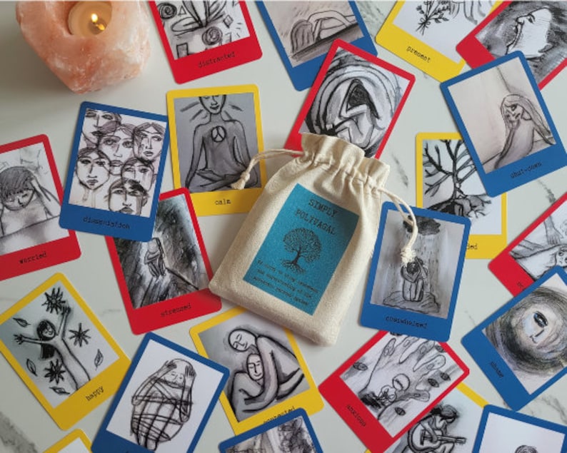 May include: A set of cards with illustrations and words describing different emotional states. The cards are in a variety of colours, including red, blue, yellow, and green. The cards are arranged in a circle around a small bag with the words "Simply Polyvagal" printed on it.