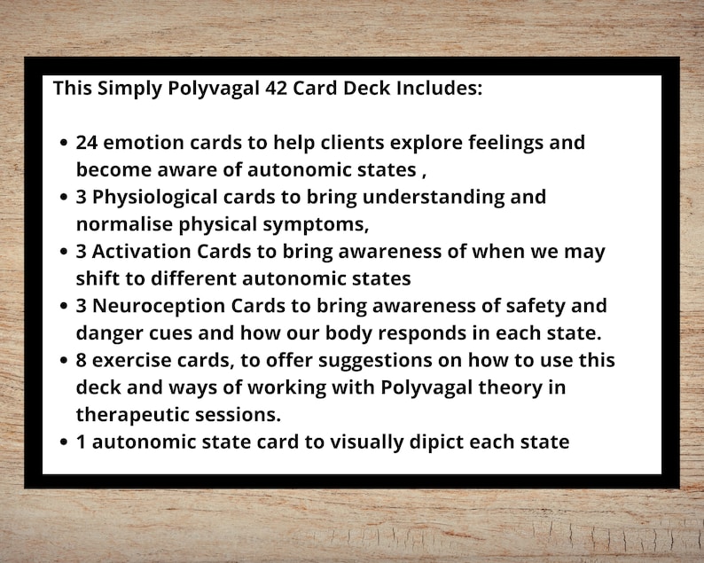 May include: A list of the cards included in a 42-card deck for learning about the Polyvagal Theory. The list includes 24 emotion cards, 3 physiological cards, 3 activation cards, 3 neuroception cards, 8 exercise cards, and 1 autonomic state card.