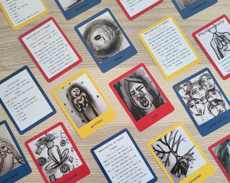 May include: A set of colourful cards with black and white illustrations and text. The cards feature different emotions and states of mind, such as rage, grounded, grateful, and shut-down. The cards are designed to help people understand and manage their emotions.