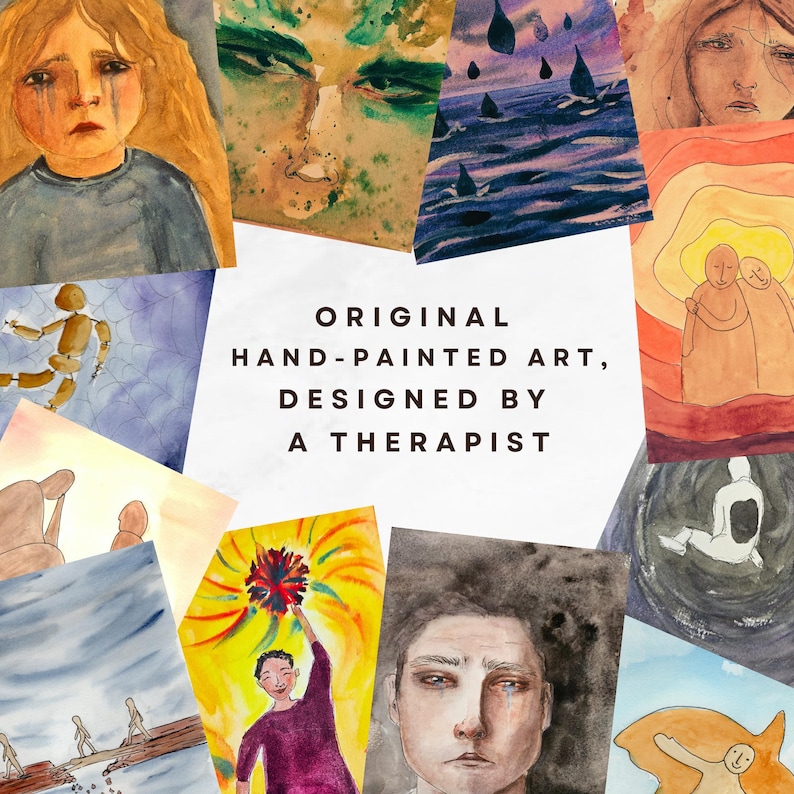 May include: A collage of various watercolor paintings featuring human figures, abstract shapes, and emotional expressions, centered around the text: ORIGINAL HAND-PAINTED ART, DESIGNED BY A THERAPIST. The artwork displays diverse color palettes.