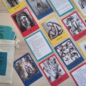 May include: A set of colourful cards with black and white illustrations of people in various emotional states. The cards are labelled with words like "grateful", "rage", "overwhelmed", "connected", "distracted", "depressed", "anxious", "dissociation", and "playful". The cards are part of a deck called "Simply Polyvagal".