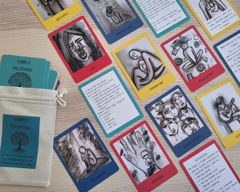 May include: A set of colourful cards with black and white illustrations of people in various emotional states. The cards are labelled with words like "grateful", "rage", "overwhelmed", "connected", "distracted", "depressed", "anxious", "dissociation", and "playful". The cards are part of a deck called "Simply Polyvagal".