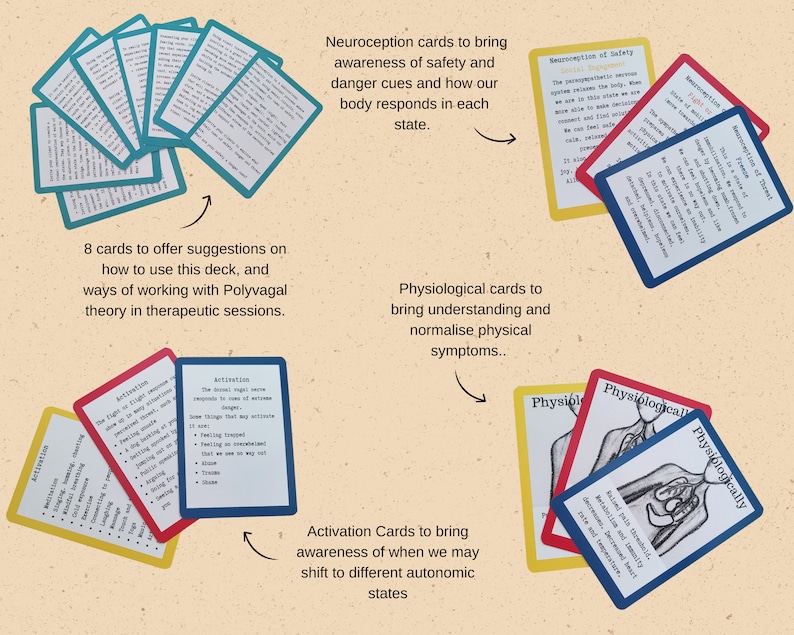 May include: A set of colourful cards with text and illustrations. The cards are divided into three categories: Neuroception, Physiological, and Activation. The cards are designed to help people understand the nervous system and how it responds to stress.