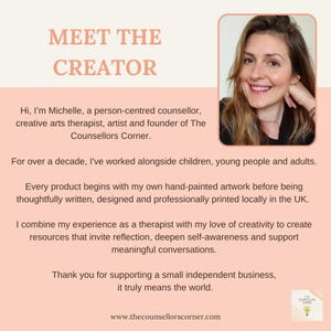 May include: A Meet the Creator graphic featuring a photograph of a woman with long brown hair. The text introduces Michelle, a person-centered counselor and founder of The Counsellors Corner, describing her hand-painted artwork and local UK printing.
