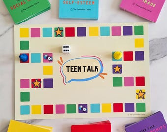 192 Teen Talk-gesprekskaarten en spelbord: angst, zelfrespect, woede, lichaamsbeeld, relaties, sociale media. Hulpbron voor advies