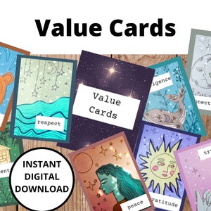 Tarjetas de valores, recurso de asesoramiento, valores fundamentales, psicología, consejero escolar, terapia, baraja de cartas, descargable, imprimible