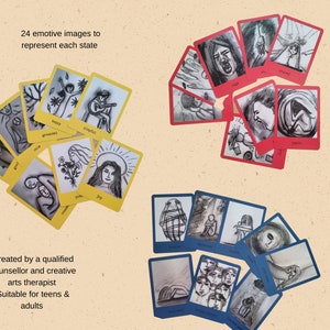 May include: A set of 24 cards featuring black and white illustrations of people expressing various emotions. The cards are grouped into three sets, each with a different coloured border: red, yellow, and blue. The text on the cards includes words such as "joy", "sad", "angry", and "calm".
